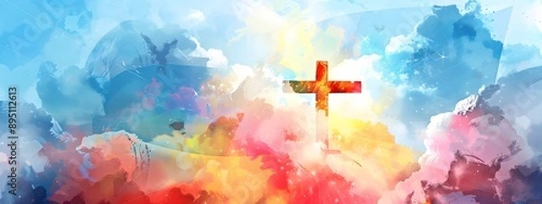Fototapeta A cross of Jesus, with clouds and light behind it, in the style of a digital painting with a colorful illustration and impressionist oil color palette