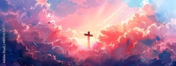 Fototapeta A cross of Jesus, with clouds and light behind it, in the style of a digital painting with a colorful illustration and impressionist oil color palette