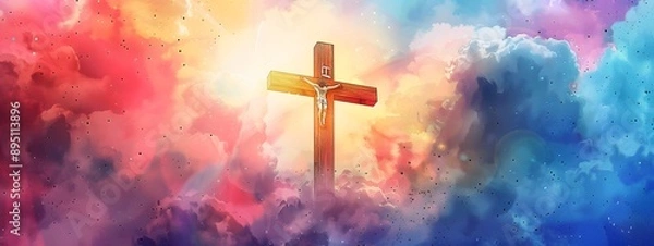 Fototapeta A cross of Jesus, with clouds and light behind it, in the style of a digital painting with a colorful illustration and impressionist oil color palette