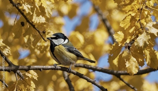 Fototapeta Great tit perched on tree branch with yellow leaves