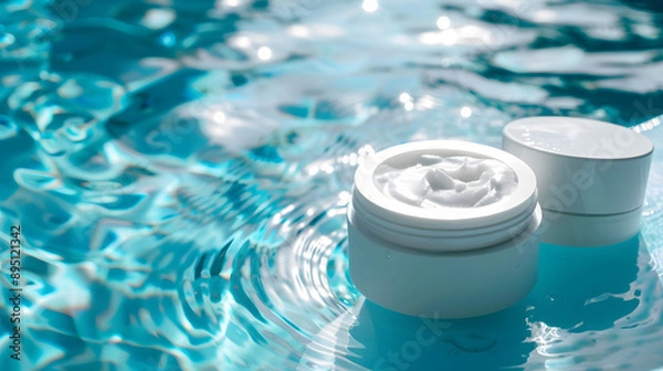 Obraz White cosmetic jar on the surface of blue water. Blank label for branding mockup.