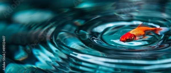 Fototapeta  A goldfish swims in a tranquil pool, its fins creating gentle ripples in the foreground Behind it, a clear blue sky stretches out