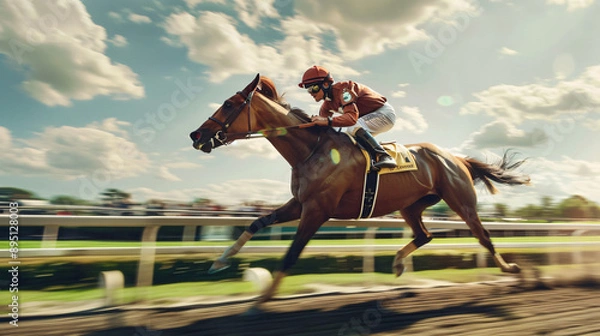 Obraz Portrait of a horse and jockey training during the day