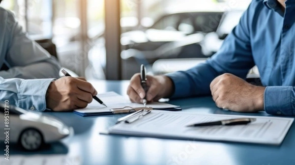 Fototapeta Close-up a car salesman and a customer were sitting at a table in a car showroom. explain signing a contract for the purchase to buy a brand-new luxury car and insurance.
