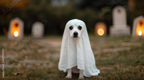 Fototapeta Small dog dressed as a ghost, with a white sheet and cut-out eye holes, standing in a decorated yard with tombstones and eerie lighting 