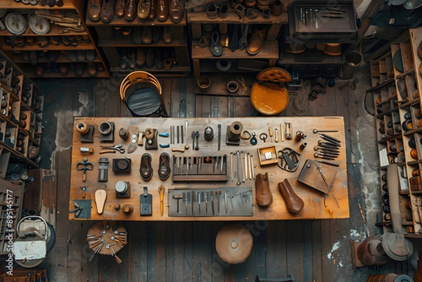 Fototapeta workshop filled with a shoe rack full of shoemaking tools