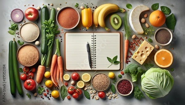 Obraz This Adobe Stock image features a variety of healthy foods arranged around an open notebook with a pen. The assortment includes vegetables like carrots, zucchini, tomatoes, and broccoli, as well as fr