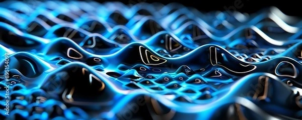 Fototapeta Abstract blue and black 3D rendering of flowing waves.