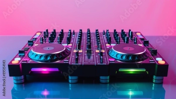 Obraz DJ Mixer with Colorful Lights, Electronic Music Studio Equipment