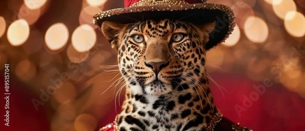 Fototapeta A leopard wearing a magicians outfit is performing tricks in a mystical circus with copy space
