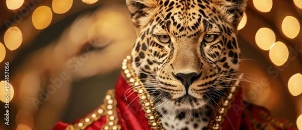 Fototapeta A leopard wearing a magicians outfit is performing tricks in a mystical circus with copy space