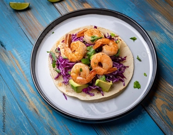 Fototapeta A gourmet taco with grilled shrimp, avocado, red cabbage slaw, and a sprinkle of cilantro.