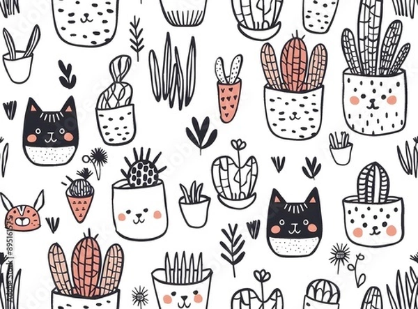 Fototapeta Cute Cat And Cactus Seamless Pattern