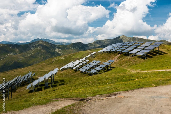 Obraz environment friendly solar panel installation in the mountains in austria