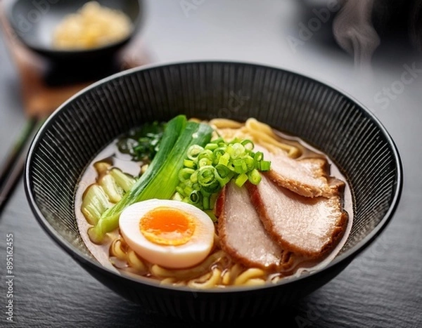 Obraz A steaming bowl of ramen with rich broth, noodles, sliced pork, soft-boiled egg, and fresh