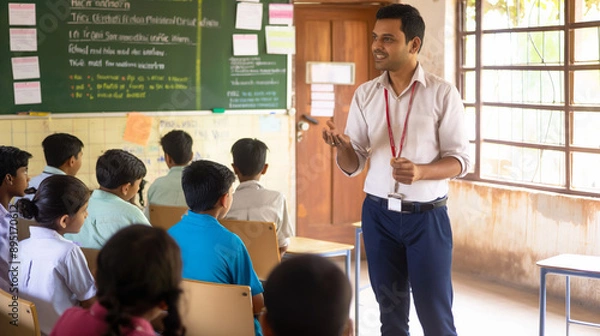 Obraz Teacher standing in front of his class. Indian teacher standing in front of his class. Lessons in the classroom.
Teaching in the classroom. Learning at School