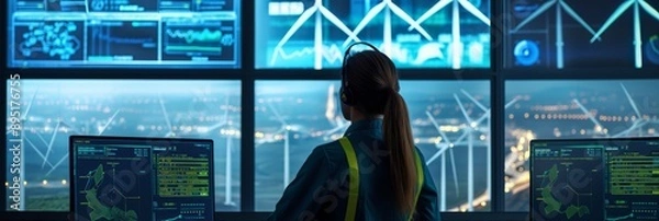 Fototapeta A futuristic energy control center manages wind turbines. It features female operators, data analytics, digital management, and sustainable engineering for clean, renewable resources