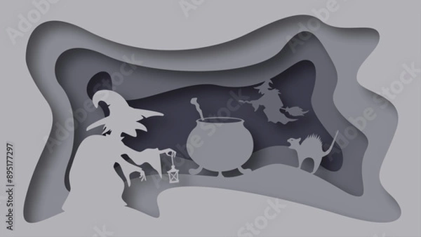Fototapeta Paper Cut Halloween Background. Halloween Paper Cut Landscape with Vampire and Coffin