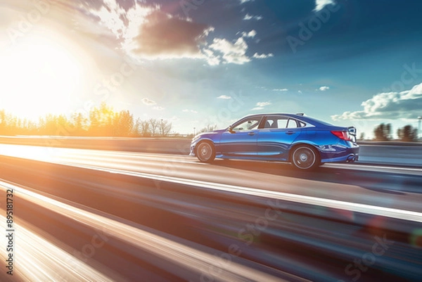 Fototapeta Dynamic Capture of a Blue Sedan Speeding on a Highway with Blurred Motion, Sunlit Trees and Cloudy Sky in the Background