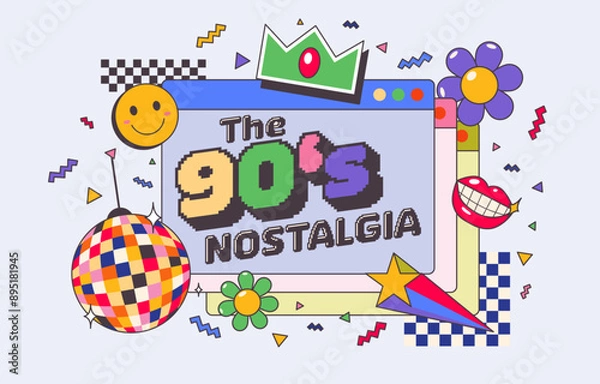 Fototapeta 90s Elements with Disco Ball and Desktop Browser: Explore a vibrant geometric pattern with retro 90s elements including a disco ball, desktop browser, and playful stars, Vector, Illustration