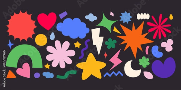 Fototapeta Retro 90s Cartoon Style Abstract doodle Shapes Cloud, funky flower, bubble, star and Flower, Nostalgic Vibes, Vector, Illustration
