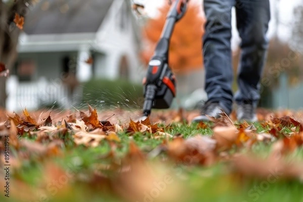 Fototapeta Person Using Leaf Blower on a Fall Day