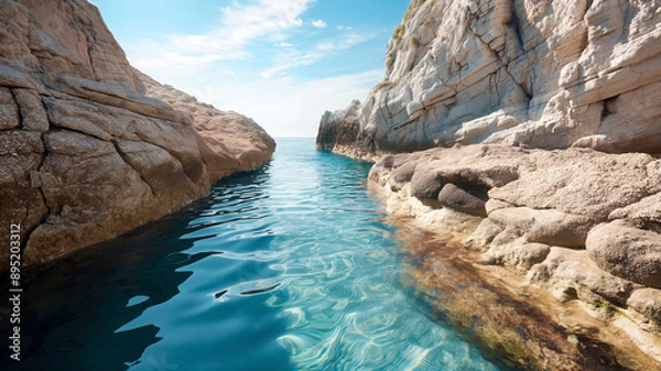 Fototapeta Serene view of a clear blue waterway between rocky cliffs under a bright sky.