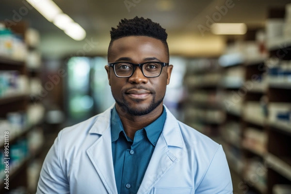 Fototapeta A confident black pharmacist, dressed in a lab coat and glasses, stands with arms crossed and an engaging smile. Generative Ai.