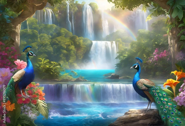 Obraz Peacocks in tropical waterfall oasis with rainbows and bokeh effects, nature background	