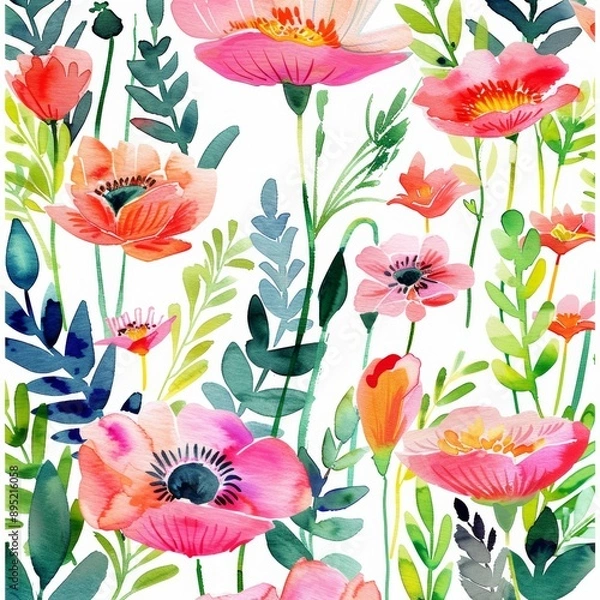 Fototapeta A watercolor floral seamless pattern on a spring textile texture is perfect for wallpaper and prints designs. Flower background. Ornament illustration.