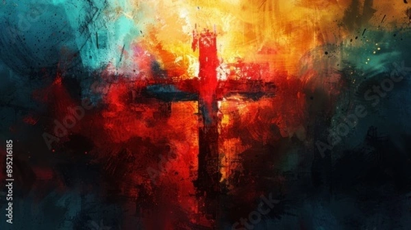 Fototapeta A striking blurry abstract background painting in watercolor, featuring a prominent cross in the center with vibrant hues of red, orange, blue, and yellow.