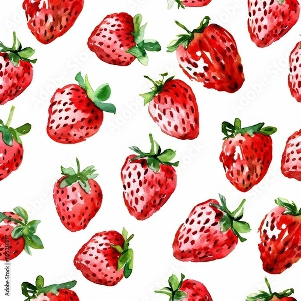 Fototapeta The illustration shows a watercolor strawberry seamless pattern isolated on a white background. The strawberries are painted in the rustic style with a brush, while the background is white. This