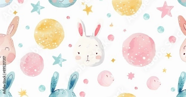 Fototapeta White seamless pattern with cute animals, bear and rabbit, illustrated in watercolors