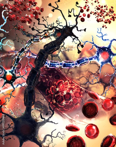 Fototapeta Ischemic brain stroke concept, illustration showing human brain and close-up view of blood vessel 