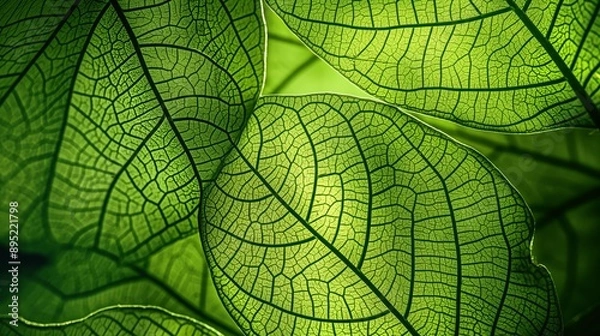 Fototapeta Intricate Abstract Digital Art of Vibrant Green Leaves with Detailed Veins and Luminous Glow