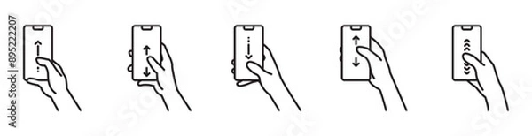 Fototapeta Finger slides the smartphone, Icon scrolling smartphone screen, Finger touch smartphone gesture icon. Modern outline style icons. Hand touch gesture vector illustration on transparent background.	