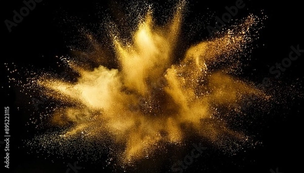Fototapeta Gold glitter powder explosion. Golden color dust splash. Particles burst with golden texture for fashion background, luxury wallpaper. Magic mist glowing background. Generative ai illustration