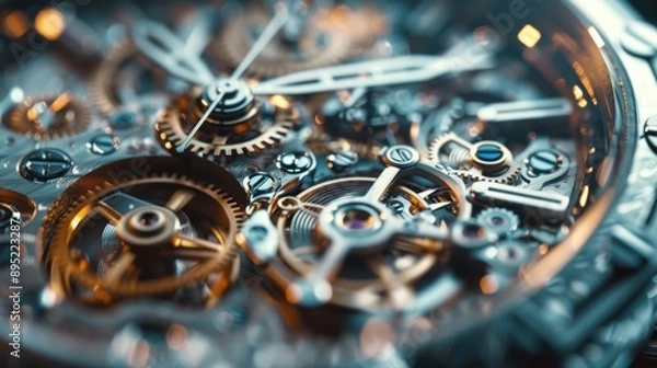 Fototapeta Close-up image of the intricate mechanical gears inside a Swiss watch, showcasing the precision engineering and detailed craftsmanship.
