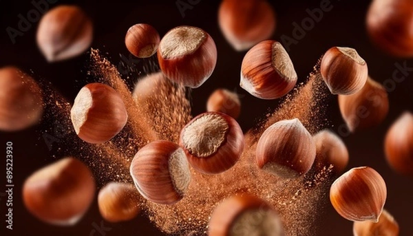 Fototapeta Hazelnut nuts explosion splash or falling for advertising banner or ad poster. Macro closeup hazelnut nuts falling explode motion for snack package or food product background
