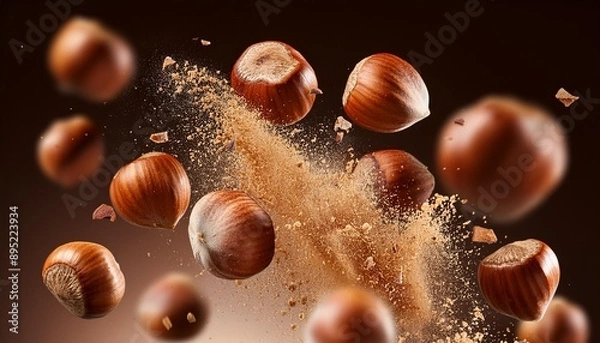 Fototapeta Hazelnut nuts explosion splash or falling for advertising banner or ad poster. Macro closeup hazelnut nuts falling explode motion for snack package or food product background