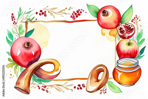 Fototapeta Hand-painted watercolor decorative frame for Jewish holiday of Rosh Hashanah. Celebrating Jewish New Year. Pomegranate, apple, honey, shofar and frame for text