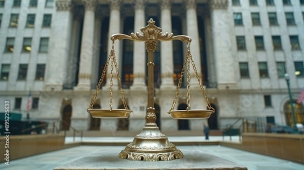 Fototapeta A golden balance scale, symbolizing justice, positioned in front of a courthouse building with tall columns, representing law and fairness.