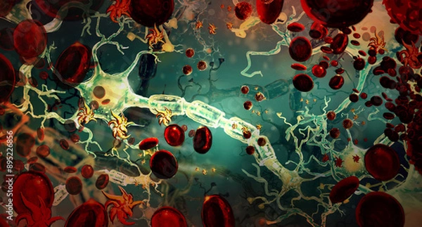 Fototapeta Ischemic brain stroke concept, illustration showing human brain and close-up view of blood vessel 