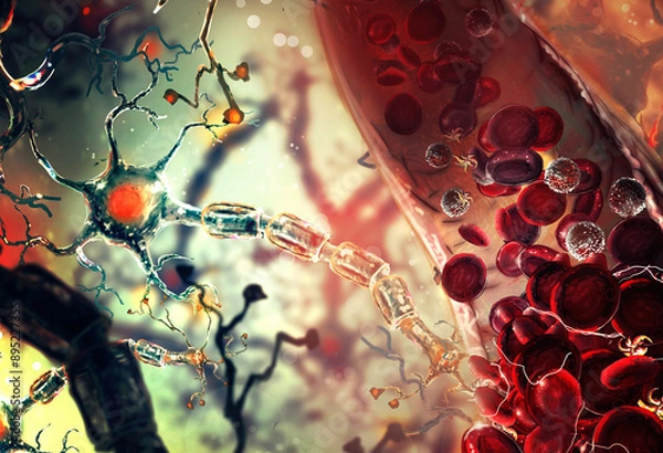 Fototapeta Ischemic brain stroke concept, illustration showing human brain and close-up view of blood vessel 