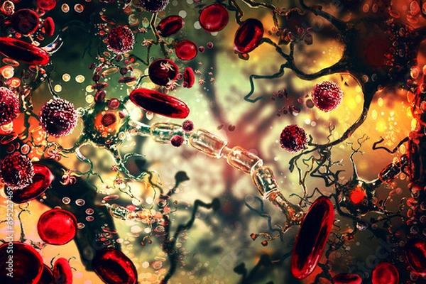 Fototapeta Ischemic brain stroke concept, illustration showing human brain and close-up view of blood vessel 