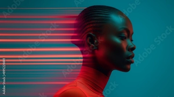 Fototapeta Striking Image of a Woman with Vibrant Red and Blue Light Streaks Symbolizing Speed, Sport, and Modern Technology