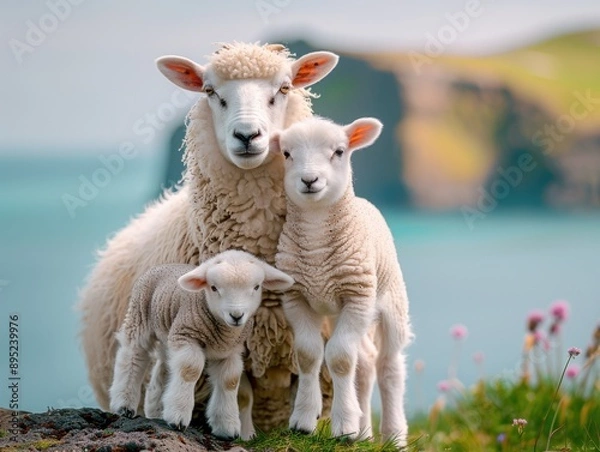Fototapeta A curious sheep and her two lambs stand together, with the scenic backdrop of Vestmannaeyjar, highlighting the serene beauty of nature.