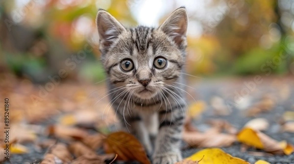 Fototapeta A close-up image of an adorable, curious tabby kitten with big eyes walking on a path covered with vibrant, colorful autumn leaves, capturing the essence of fall