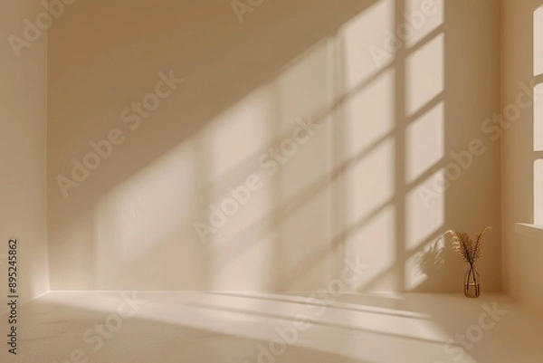 Fototapeta Background for product presentation with abstract, gentle light beige colors and intricate shadows from the window and vegetation.