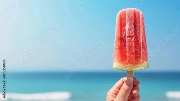Fototapeta A person holding a watermelon popsicle by the ocean. The popsicle is frozen and has a watermelon slice on top. The ocean in the background creates a relaxing and refreshing atmosphere